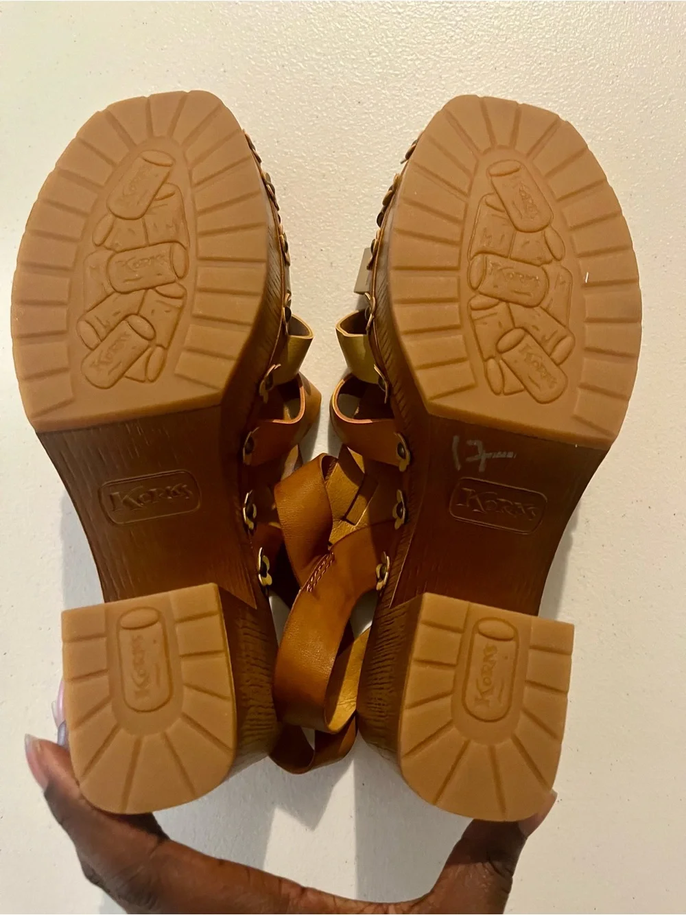 Korks NWOT Brown Multi-Strip Platform Sandals with Floral Studs